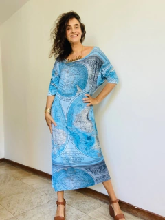 Vestido Manga 3/4 Malha Mapa Mundi