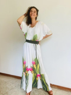 Vestido Morcego Babado Longo Crepe Folhagem - loja online