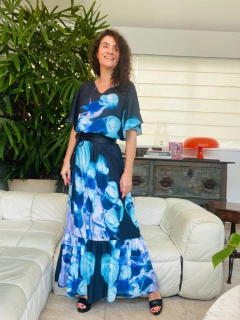 Vestido Asa Babados Longo Crepe Rosa Azul on internet