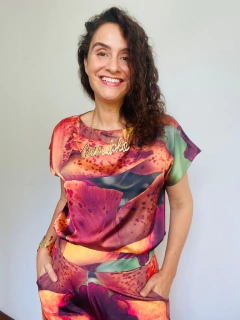 Camiseta Kaftan Cetim Orquídea Laranja