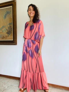 Vestido Morcego Babado Longo Crep Antúrio Rosa on internet