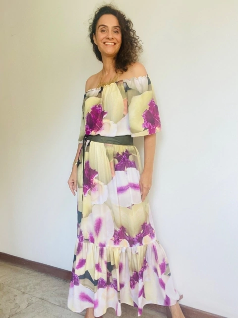 Vestido Cigana Longo Babado Crepe Orquídea Branca