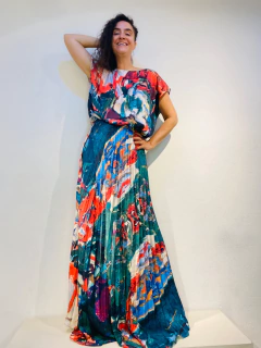 Vestido Kaftan Saia Plissado Longo Crepe Joan Green - buy online