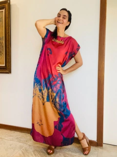 Vestido Kaftan Longo Cetim Pop Flower - ALESSA