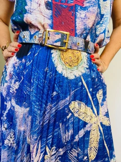 Saia Plissada Longa Crepe Paul Klee Azul - ALESSA