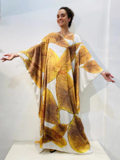 Image of Vestido Maxi Longo Cetim Folha Dourada