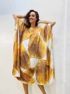 Vestido Maxi Curto Cetim Folhas Douradas na internet