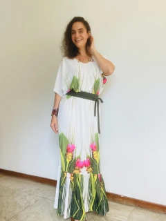 Vestido Morcego Babado Longo Crepe Folhagem - comprar online