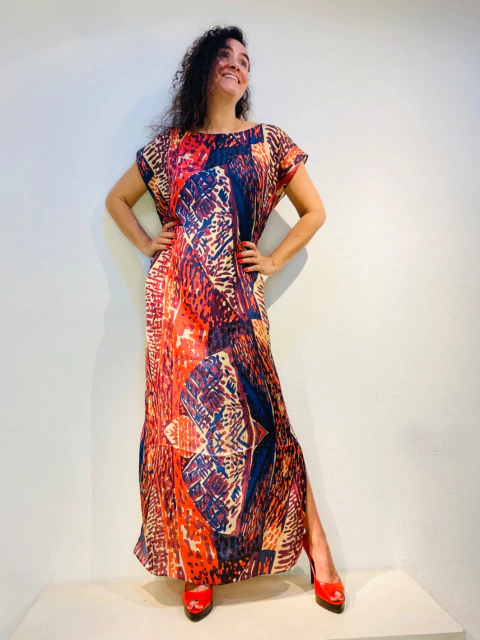 Vestido Kaftan Longo Cetim Leque