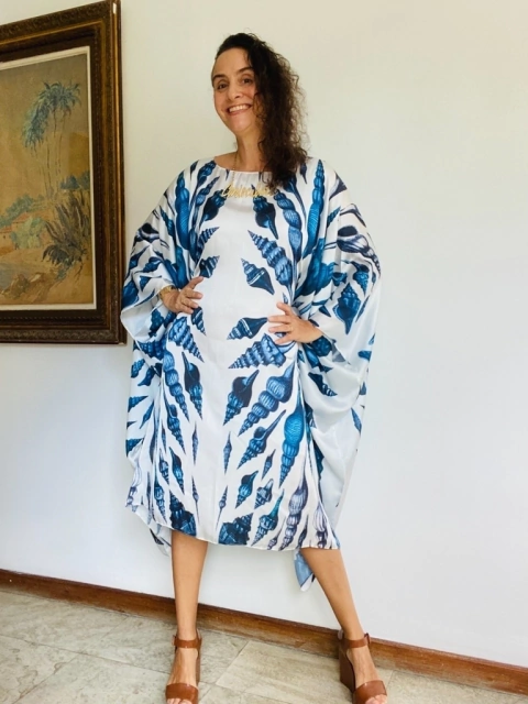 Vestido Máxi Curto Cetim Concha Azul