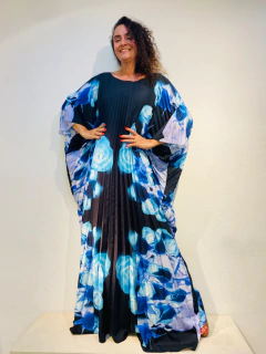 Vestido Plissado Longo Crepe Rosa Azul na internet