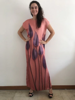 Vestido Longo Kaftan Cetim Antúrio Rosa