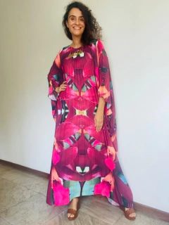 Image of Vestido Plissado Longo Crepe Orquídea Vermelha