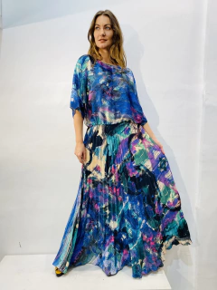 Vestido Morcego Saia Plissada Crepe Joan Blue - comprar online