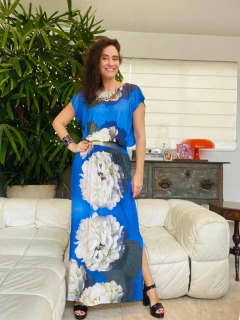 Vestido Kaftan Saia Reta Jersey Hortencia Azul - ALESSA