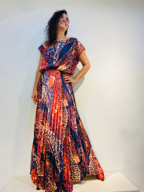 Vestido Kaftan Saia Plissado Longo Crepe Leque