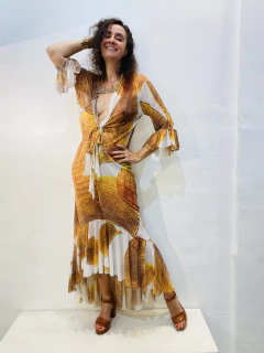 Vestido Frufru Tule Folhas Douradas on internet