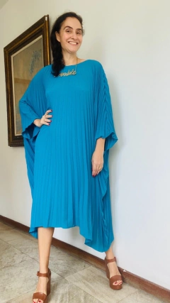 Vestido Plissado Curto Azul Piscina