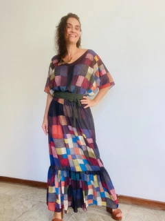 Vestido Morcego Bab Longo Crepe Paul Klee Colorido