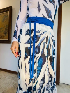 Saia Babados Longa Chiffon Concha Azul - ALESSA