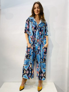 Image of Macacão Social Crepe Folhagem Azul