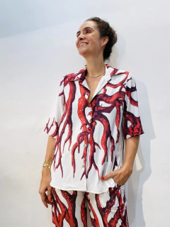 Camisa Social Manga Curta Crepe Coral