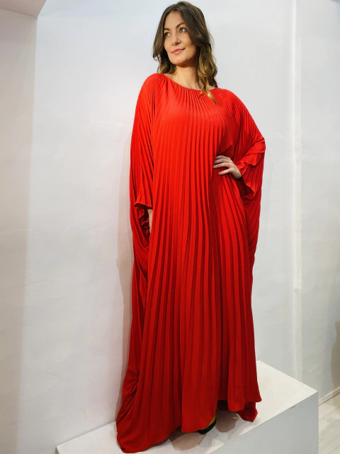 Vestido Plissado Longo Crepe Vermelho