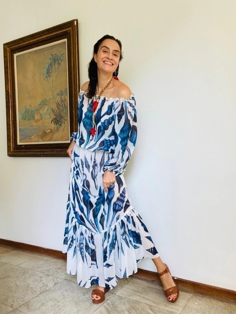 Vestido Bufante Longo Chiffon Conha Azul