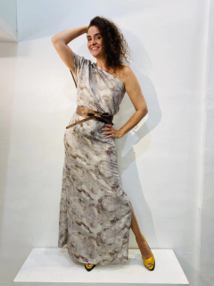 Vestido Morcego Ombro Só Longo Paetê Branco Cobre - online store