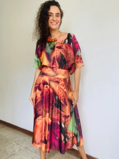 Saia Evasê Mid Jersey Orquidea Laranja