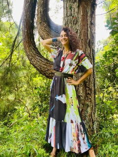 Vestido Asa Saia Babado Crepe Ganesha