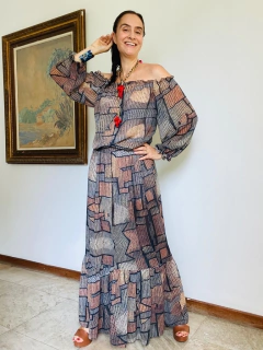 Vestido Bufante Longo Chiffon Paul Klee Cinza - ALESSA