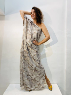 Image of Vestido Morcego Ombro Só Longo Paetê Branco Cobre