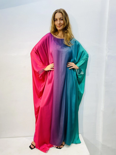 Vestido Maxi Cetim Degradê Verde e Rosa