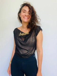 Camiseta Cropped Chiffon Preto com Dourado - comprar online