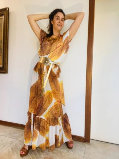 Saia Gomos Longa Chiffon Folhas Douradas on internet