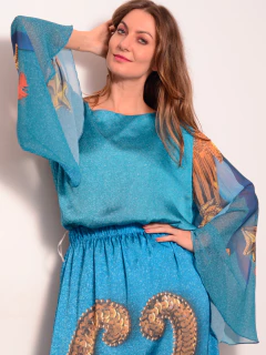 Image of Blusa Asão Cetim/Chiffon Carnaval Azul