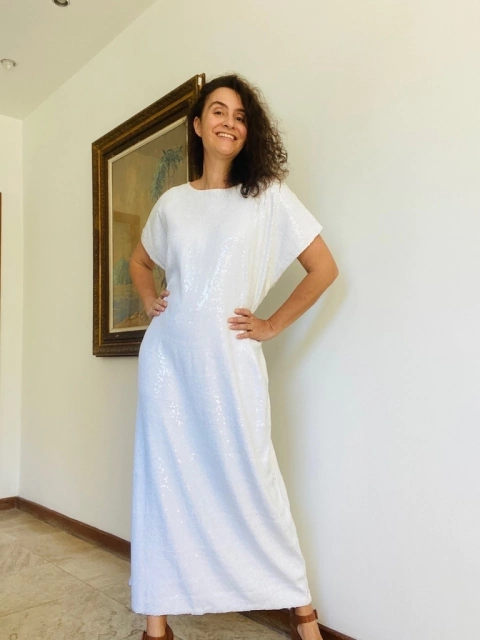 Vestido Kaftan Longo Paetê Branco