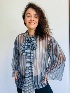 Blusa Laço Manga Sino Chiffon Listras PB - online store