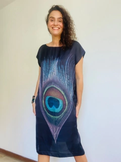 Vestido Kaftan Cetim Pavão Preto - ALESSA