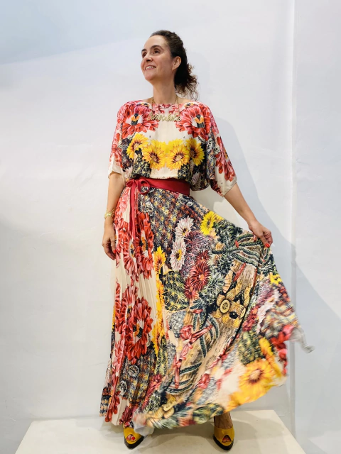 Vestido Morcego Plissado longo Cetim/Crepe Cactus