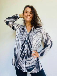 Camisa Social sem gola Crepe Folha Listrado