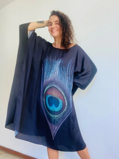 Vestido Maxi Curto Cetim Pavão Preto - ALESSA