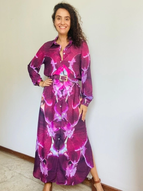 Vestido Chemise Longo Crepe Orquídea Vinho