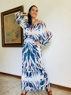 Saia Babados Longa Chiffon Concha Azul