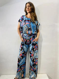 Calça Reta Jersey Folhagem Azul na internet