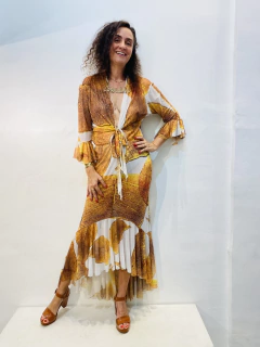 Vestido Frufru Tule Folhas Douradas