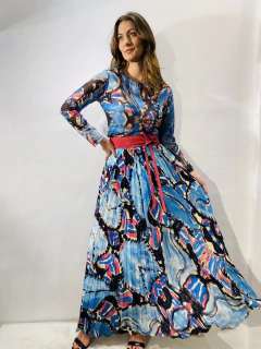 Saia Longa Plissada Crepe Folhagem Azul - ALESSA