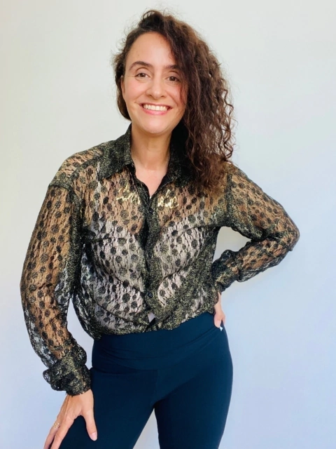 Camisa Social Renda Preto c/ Dourado