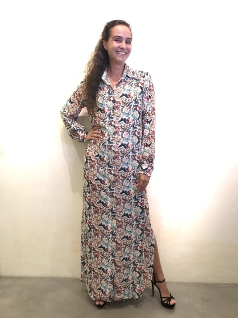 Vestido Chemise Longo Crepe Borboleta